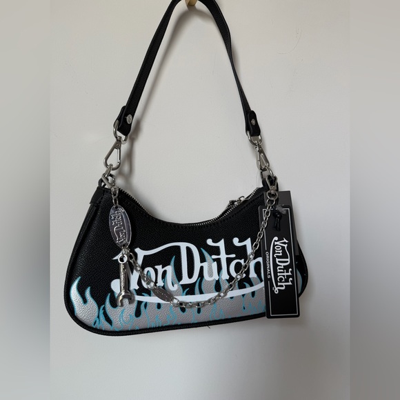 Von Dutch Handbags - Von Dutch Black Shoulder Bag with silver Blue Flames and silver chain charms